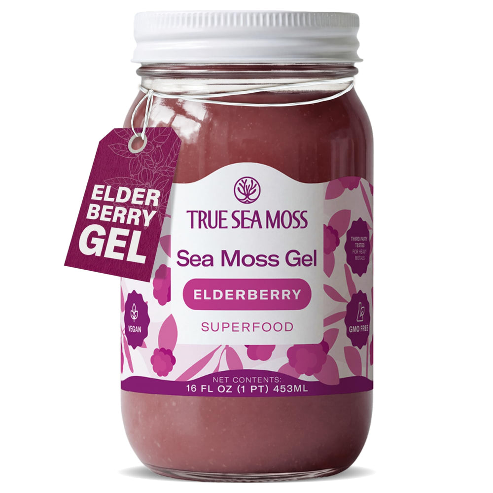 TrueSeaMoss elderberry jar front view showing packaging and glass benefit