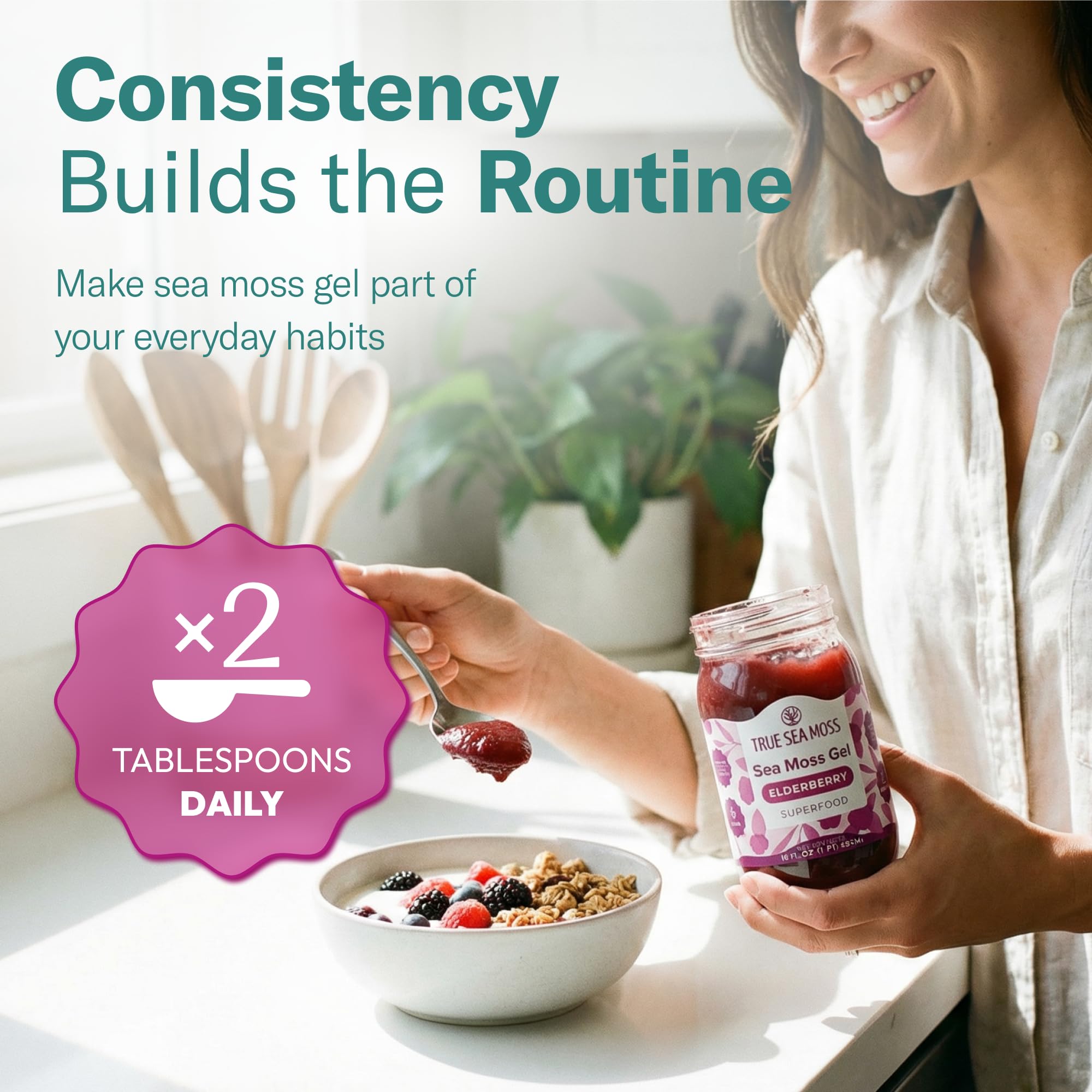 TrueSeaMoss elderberry blended in smoothie showing easy mixing benefit