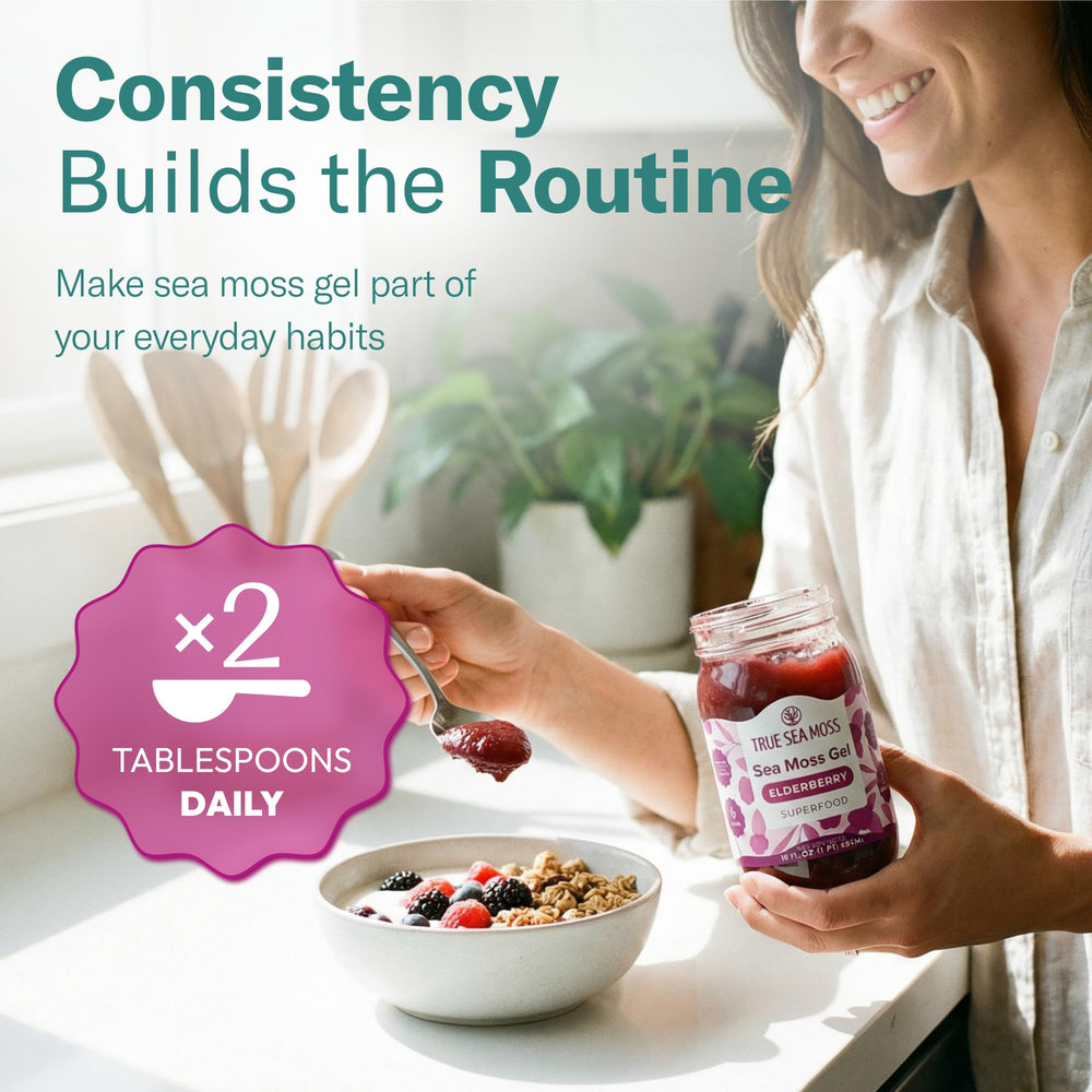 TrueSeaMoss elderberry blended in smoothie showing easy mixing benefit