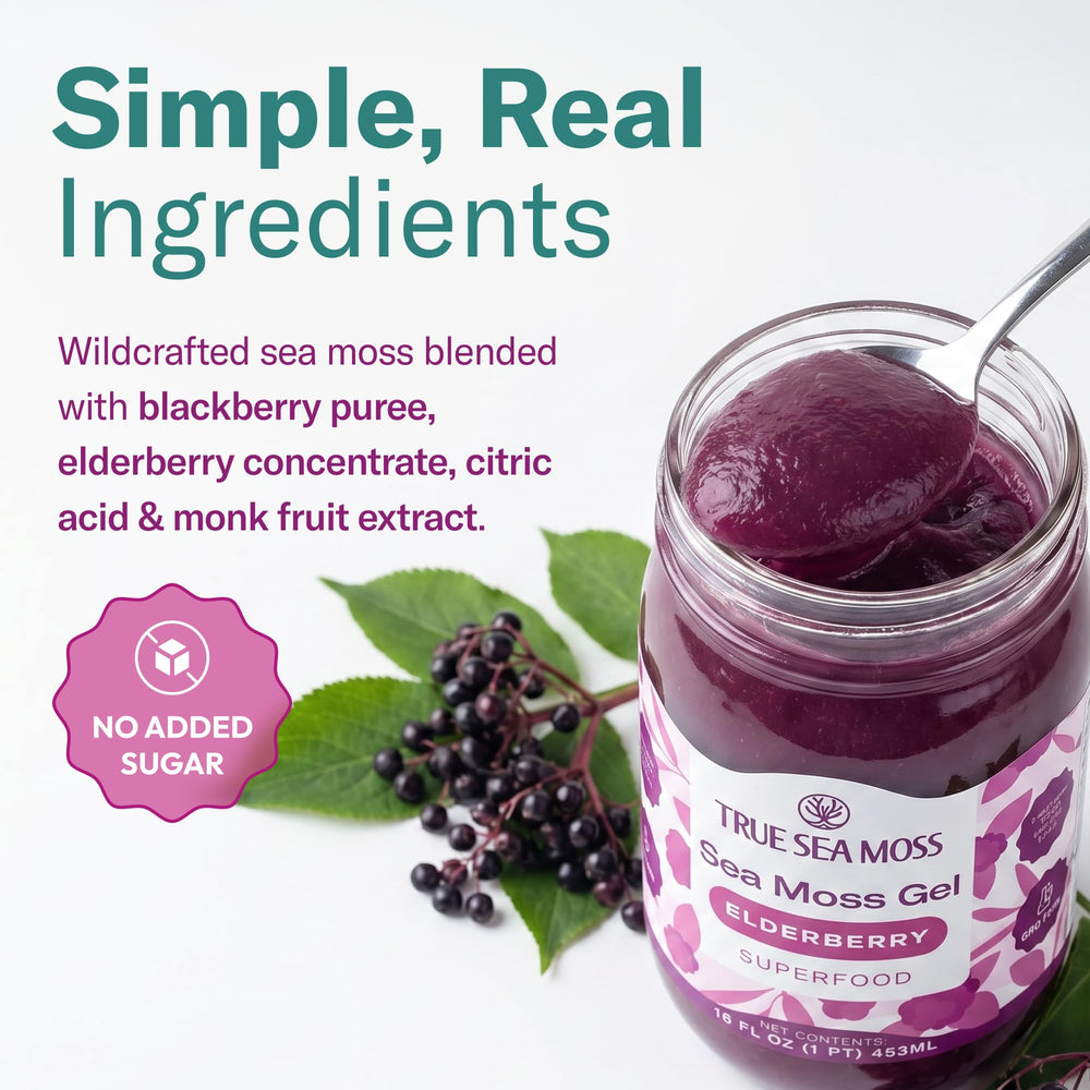 TrueSeaMoss elderberry jar top view revealing seal and freshness benefit