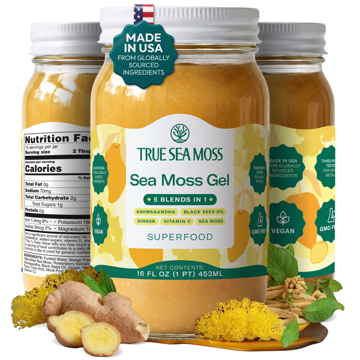 TrueSeaMoss front jar label showing product and glass packaging benefit
