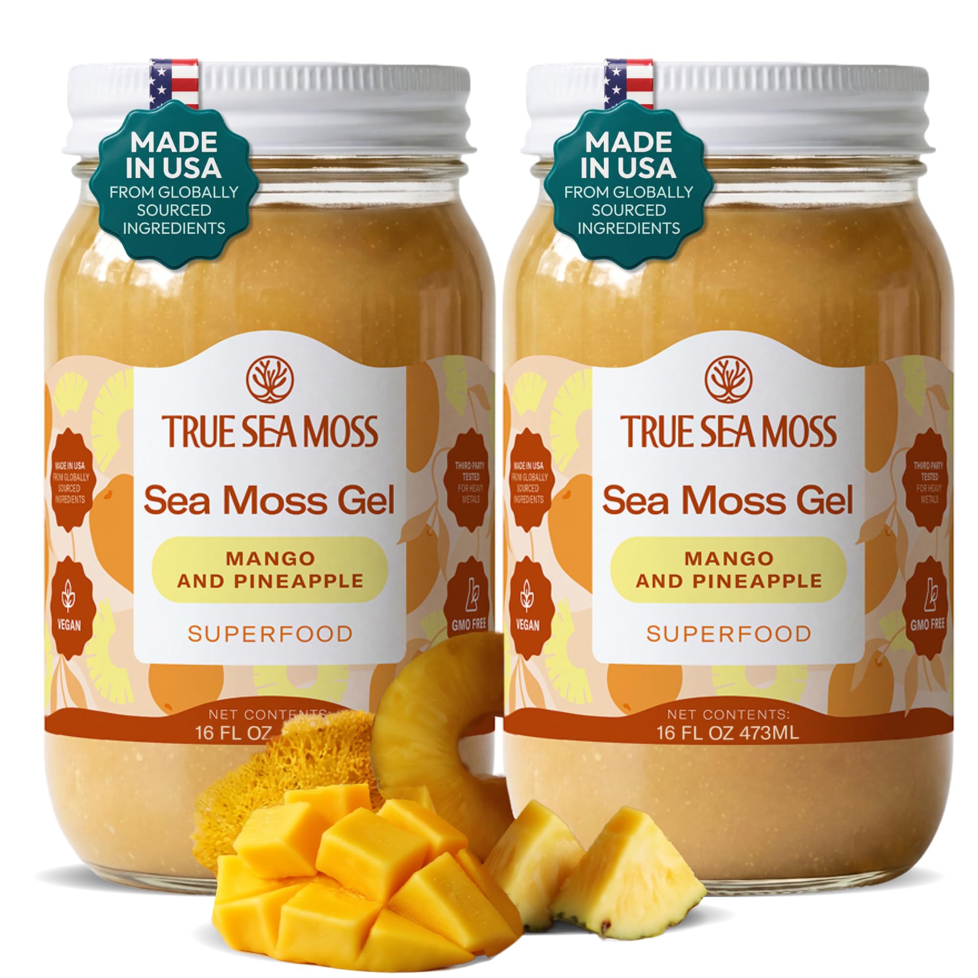 TrueSeaMoss front packaging mango pineapple showing tropical flavor and convenience