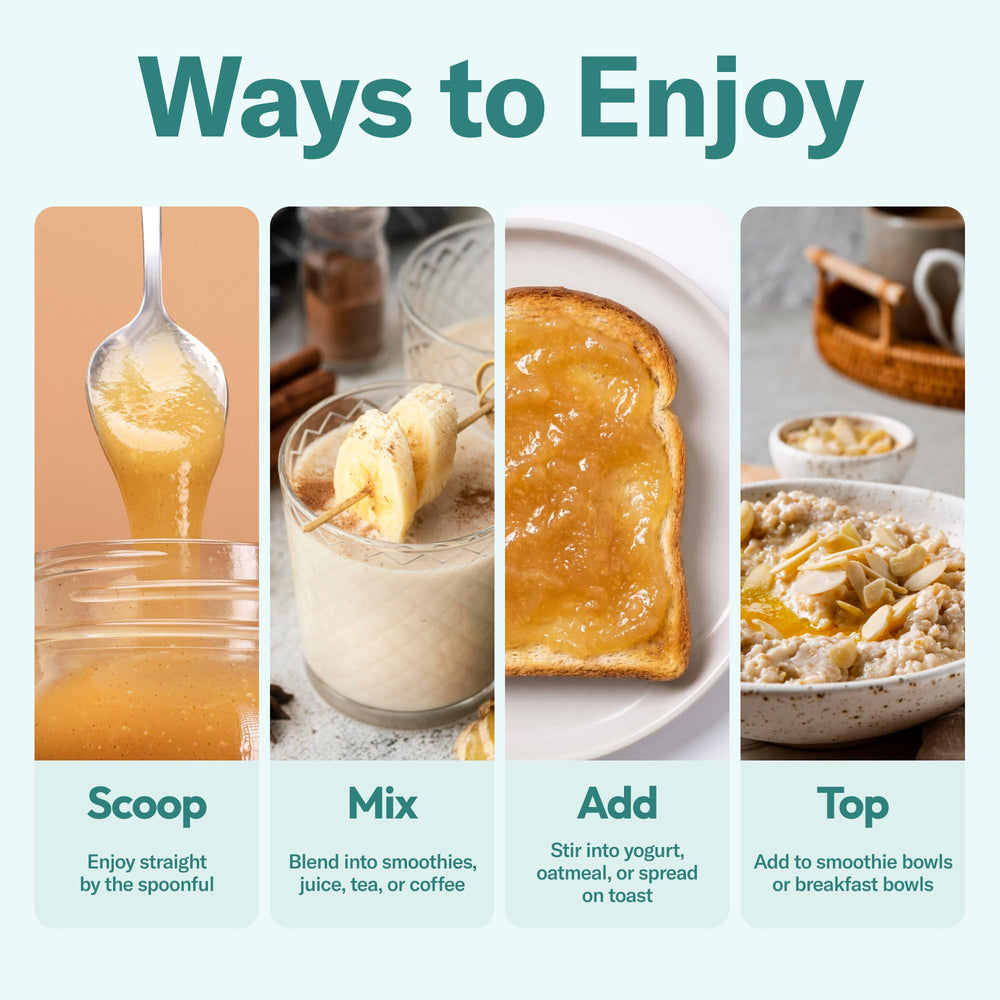 TrueSeaMoss gel on spoon over jar, demonstrates easy daily serving
