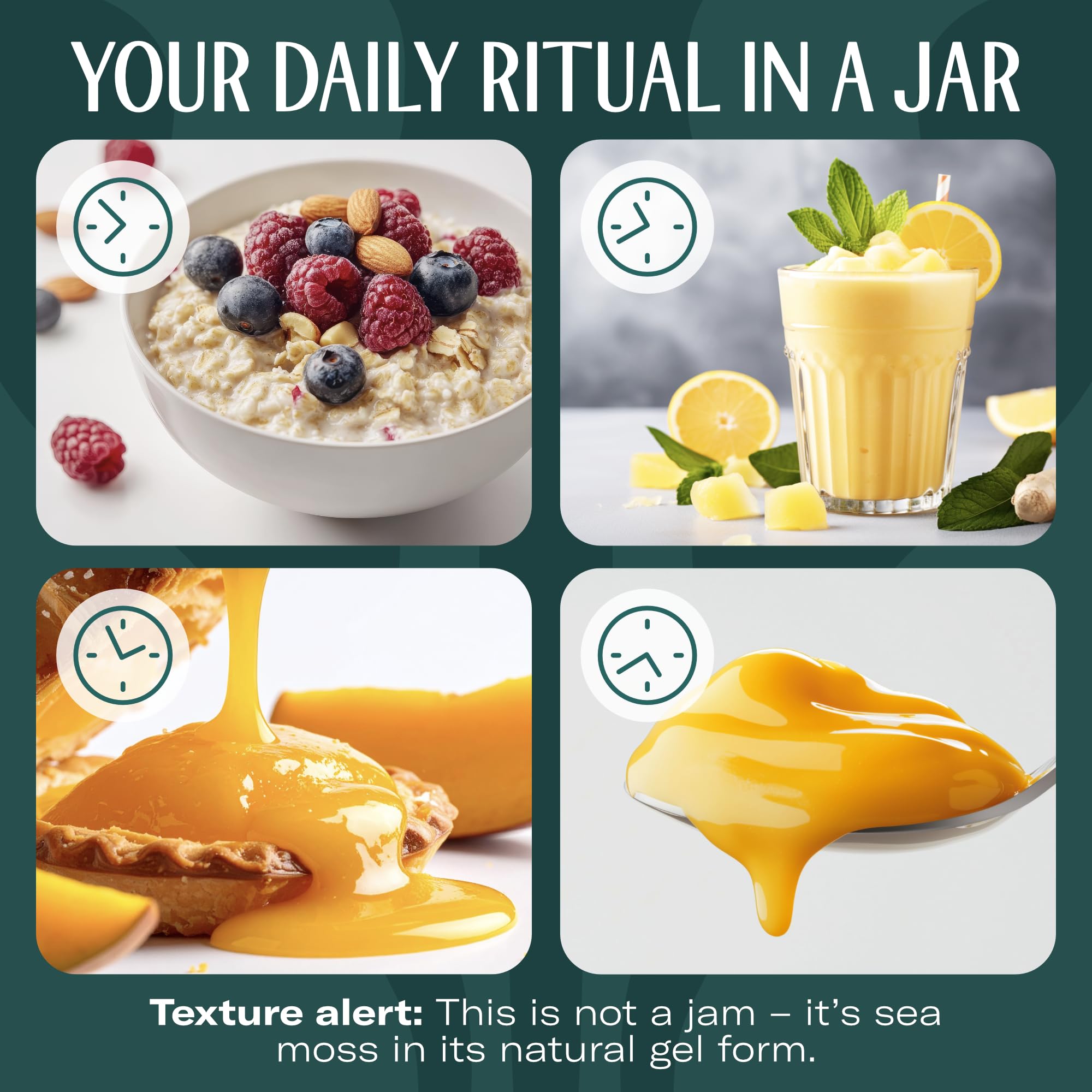 TrueSeaMoss jar on kitchen counter with breakfast showing daily routine fit