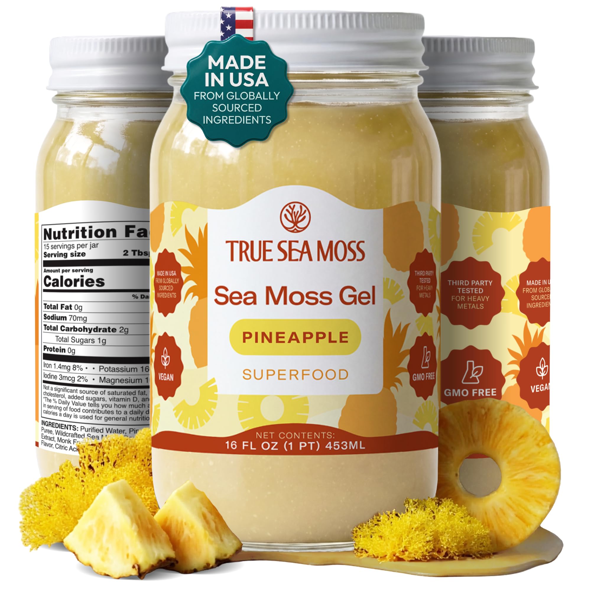 TrueSeaMoss jar front packaging showing pineapple gel and clarity benefit