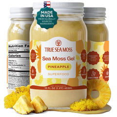 TrueSeaMoss jar front packaging showing pineapple gel and clarity benefit