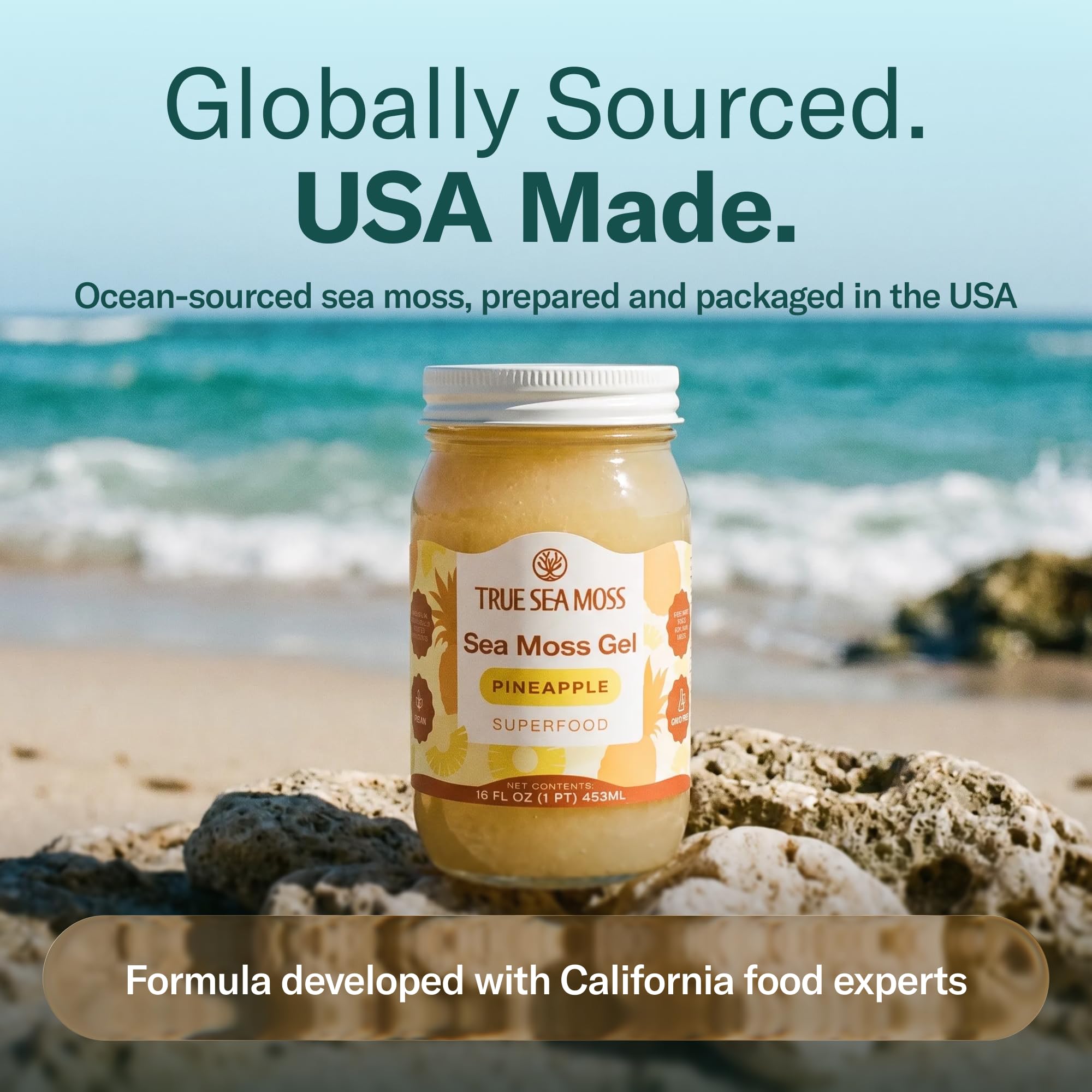 TrueSeaMoss label close-up showing sourcing and manufacturing transparency benefit