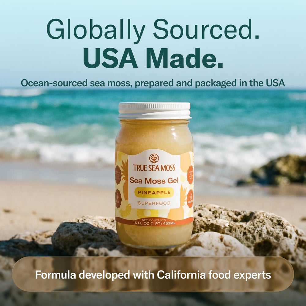 TrueSeaMoss label close-up showing sourcing and manufacturing transparency benefit