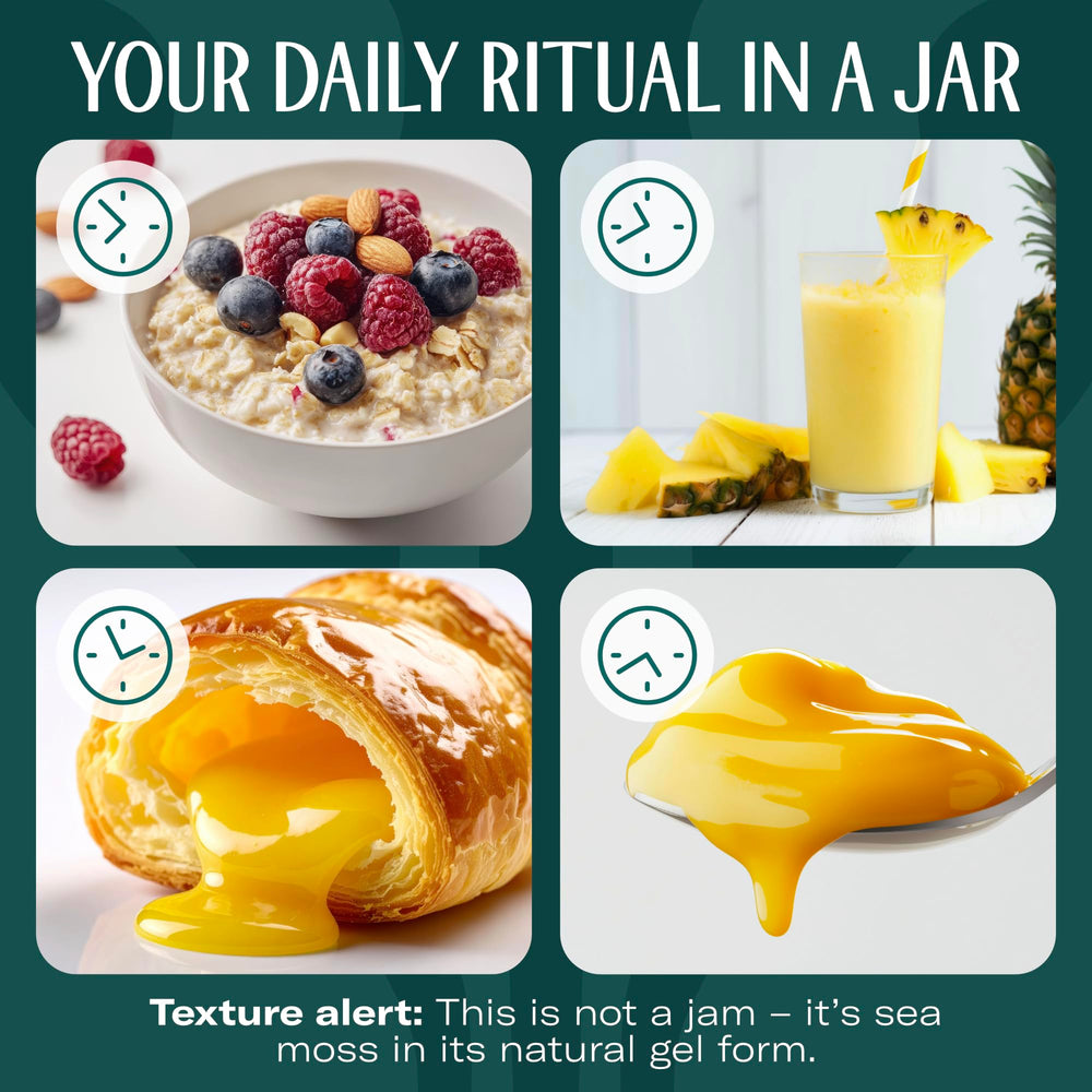 TrueSeaMoss pineapple gel on breakfast table showing everyday routine benefit