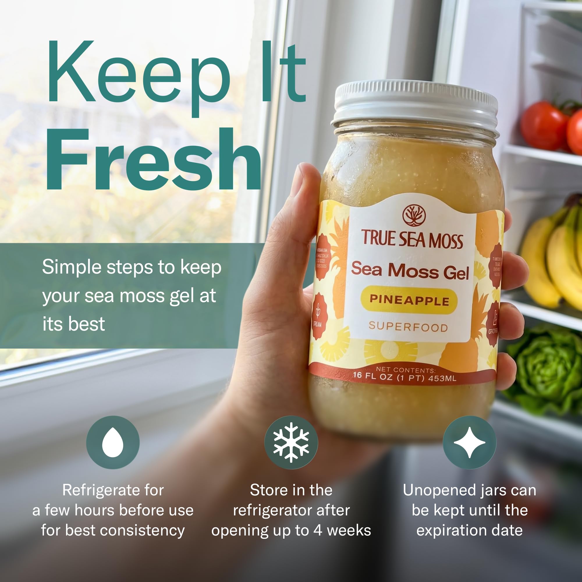 TrueSeaMoss jar inside refrigerator showing proper storage and freshness benefit