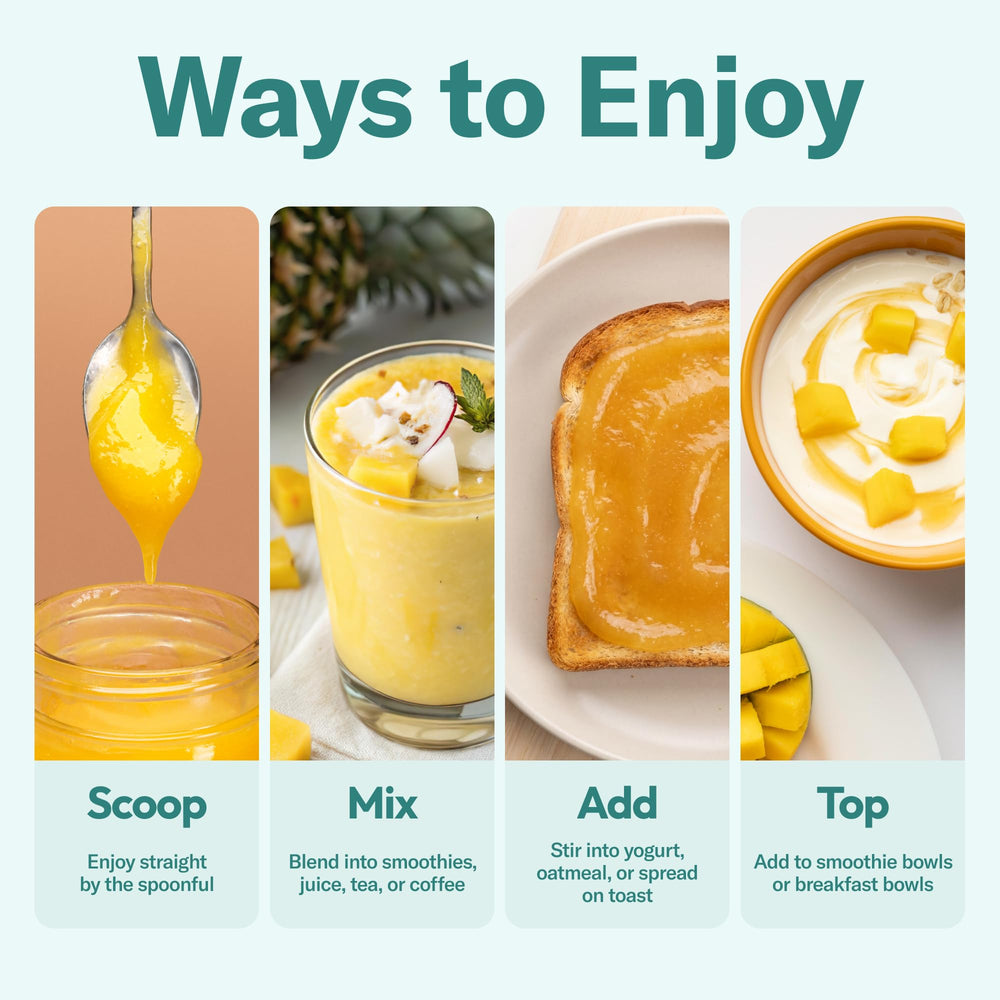 TrueSeaMoss pineapple gel blended into smoothie showing convenient use