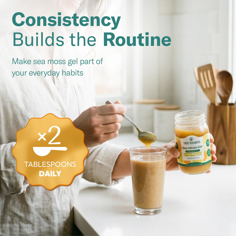TrueSeaMoss added to smoothie cup, shows easy nutrient boost for mornings