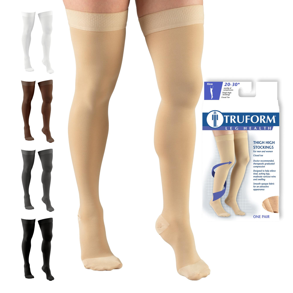Truform front view of beige thigh-high stocking shows discreet everyday support
