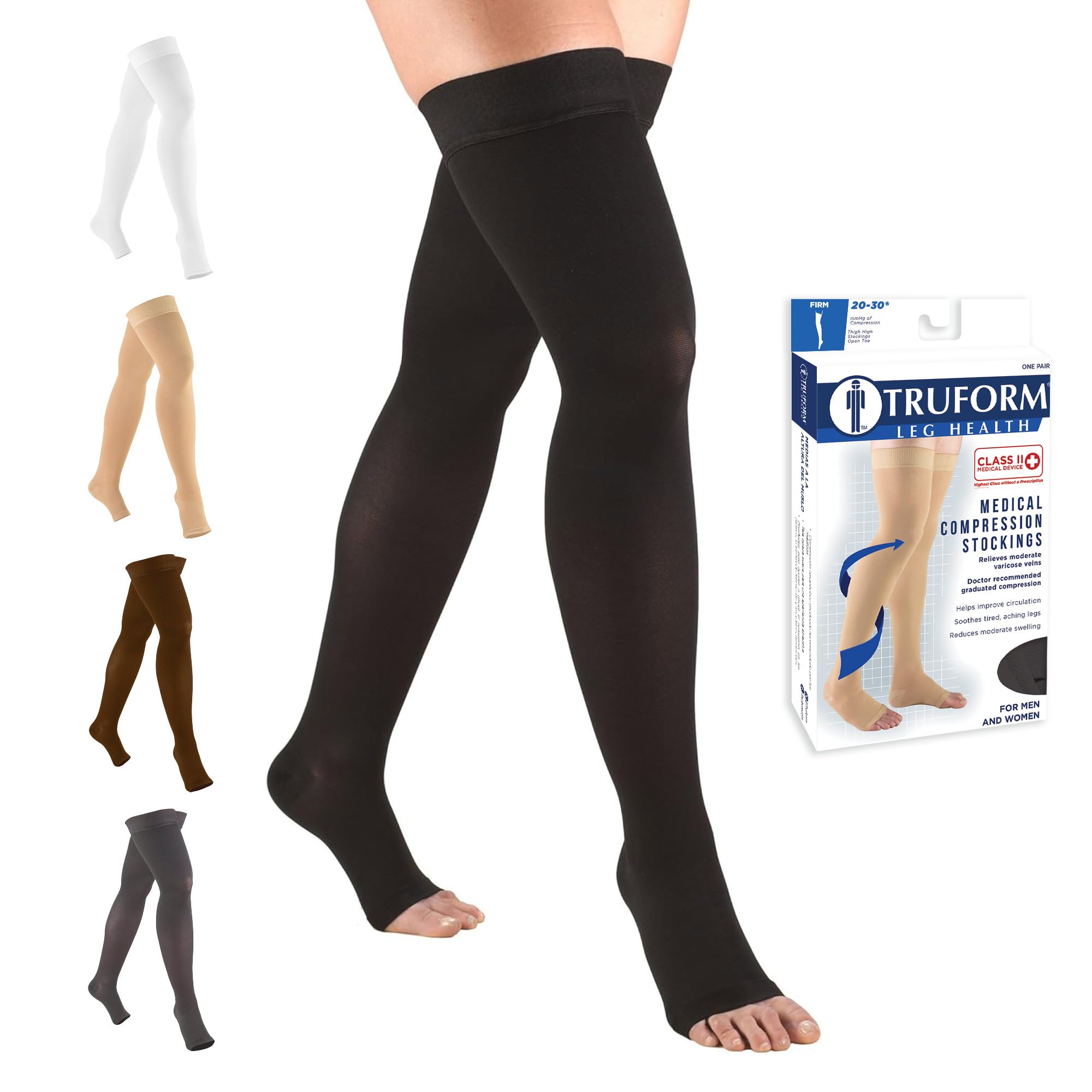 Truform front packaging showing black thigh-high stockings and size medium for clear purchase decision