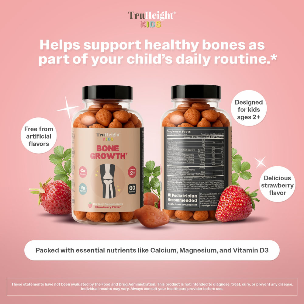 TruHeight supplement label highlighting D3 K2 calcium magnesium facts