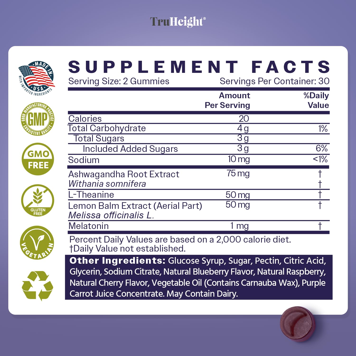 TruHeight label close-up highlighting ingredients and dosing directions