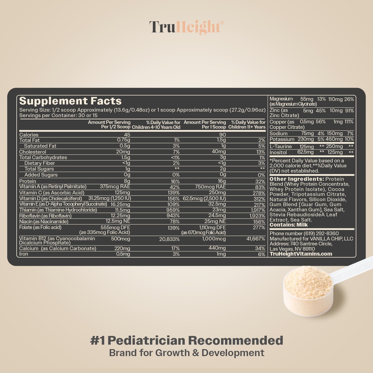 TruHeight nutrition label highlighting vitamins and protein
