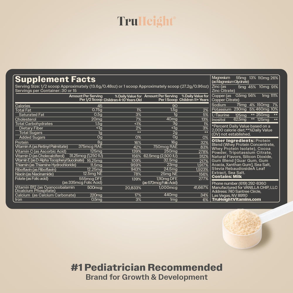 TruHeight nutrition label highlighting vitamins and protein