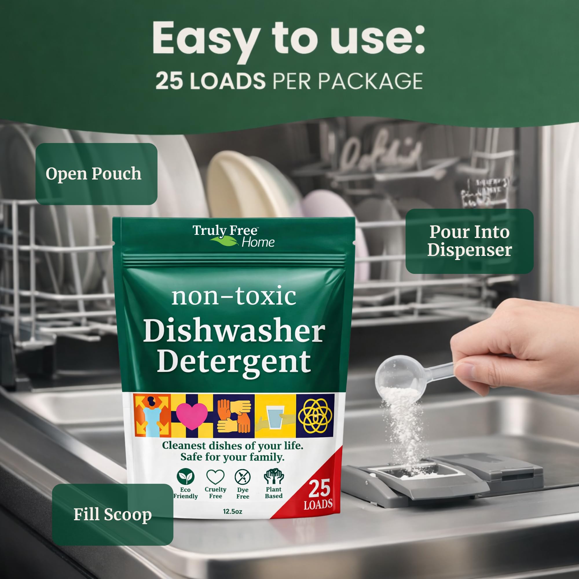 Truly Free in dishwasher being loaded to demonstrate simple use
