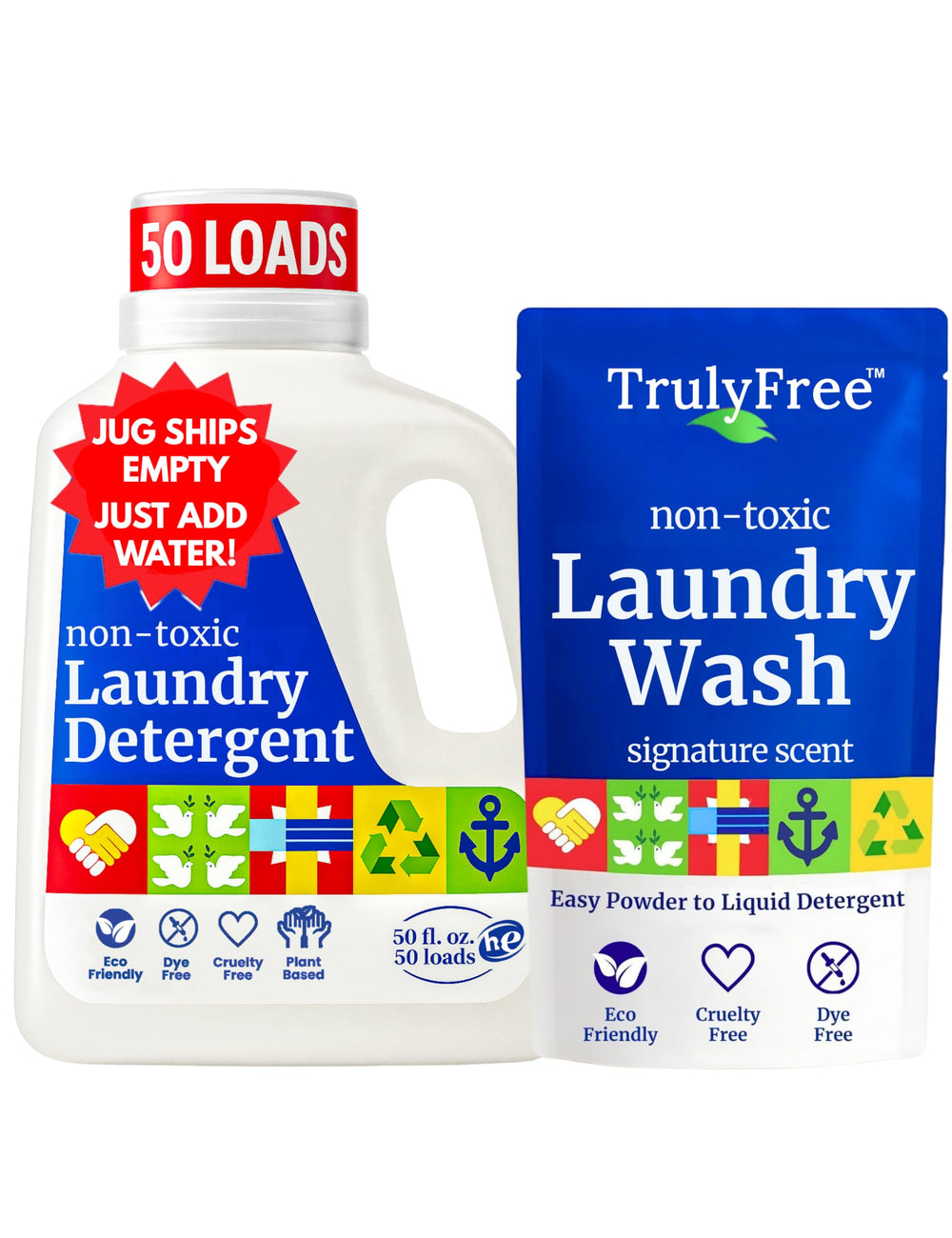 Truly Free starter jug and refill pack shown reducing plastic waste