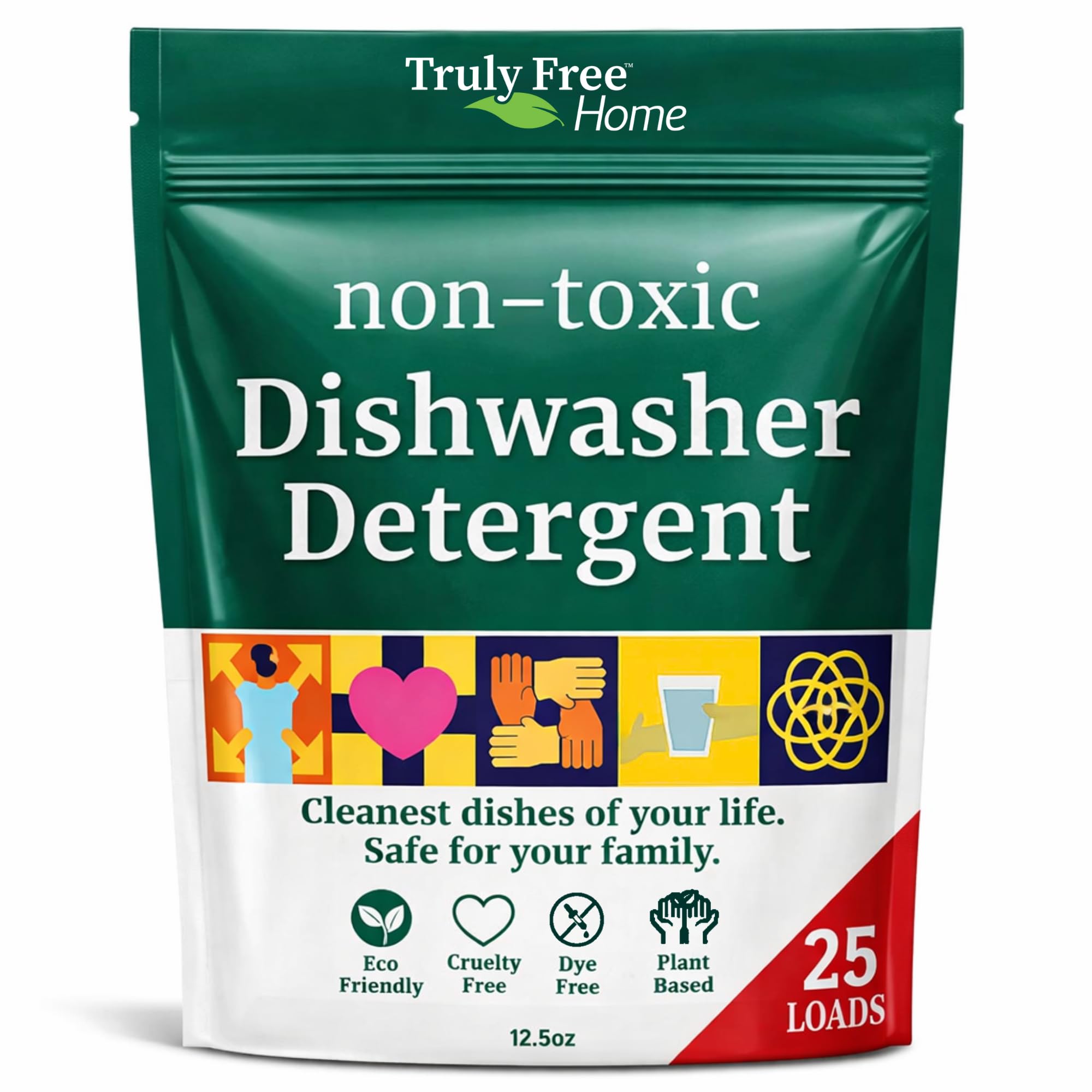 Truly Free front packaging showing natural dishwasher powder and benefits