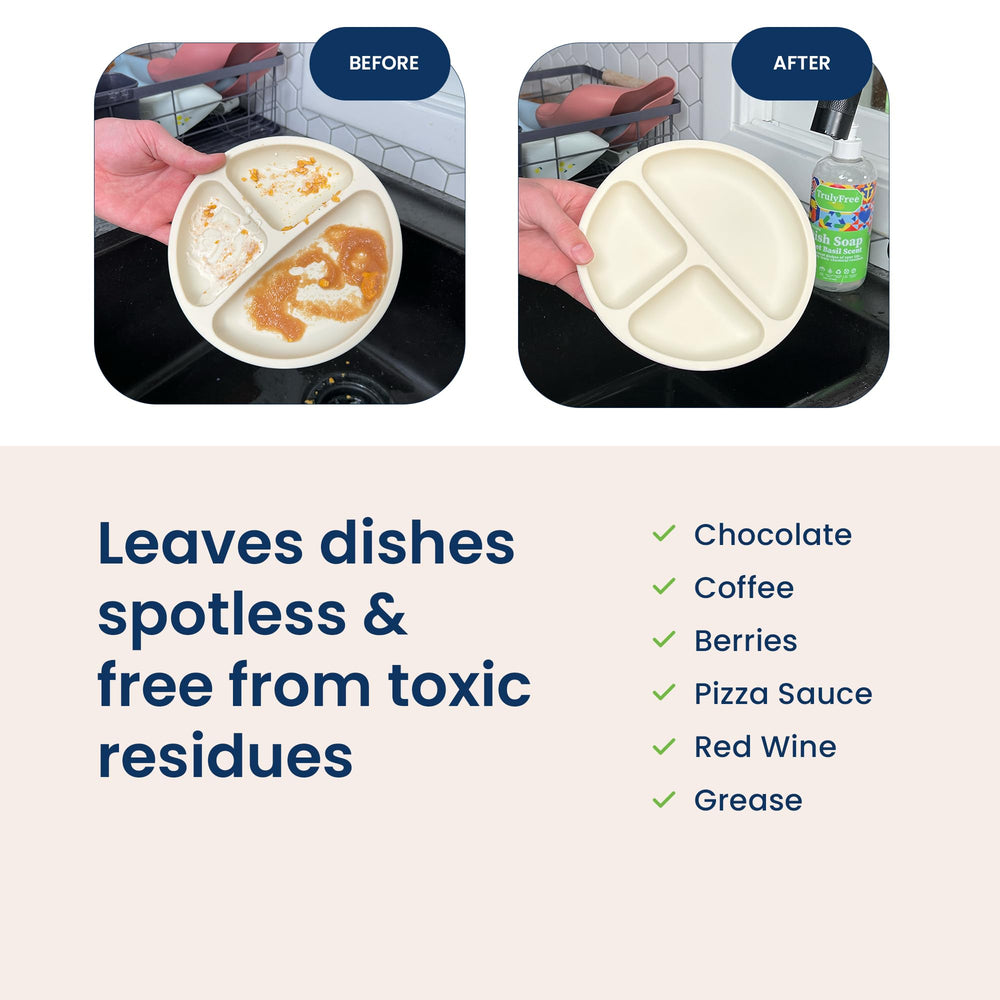 Truly Free hands using soap to wash dishes highlighting skin-friendly, mild formula