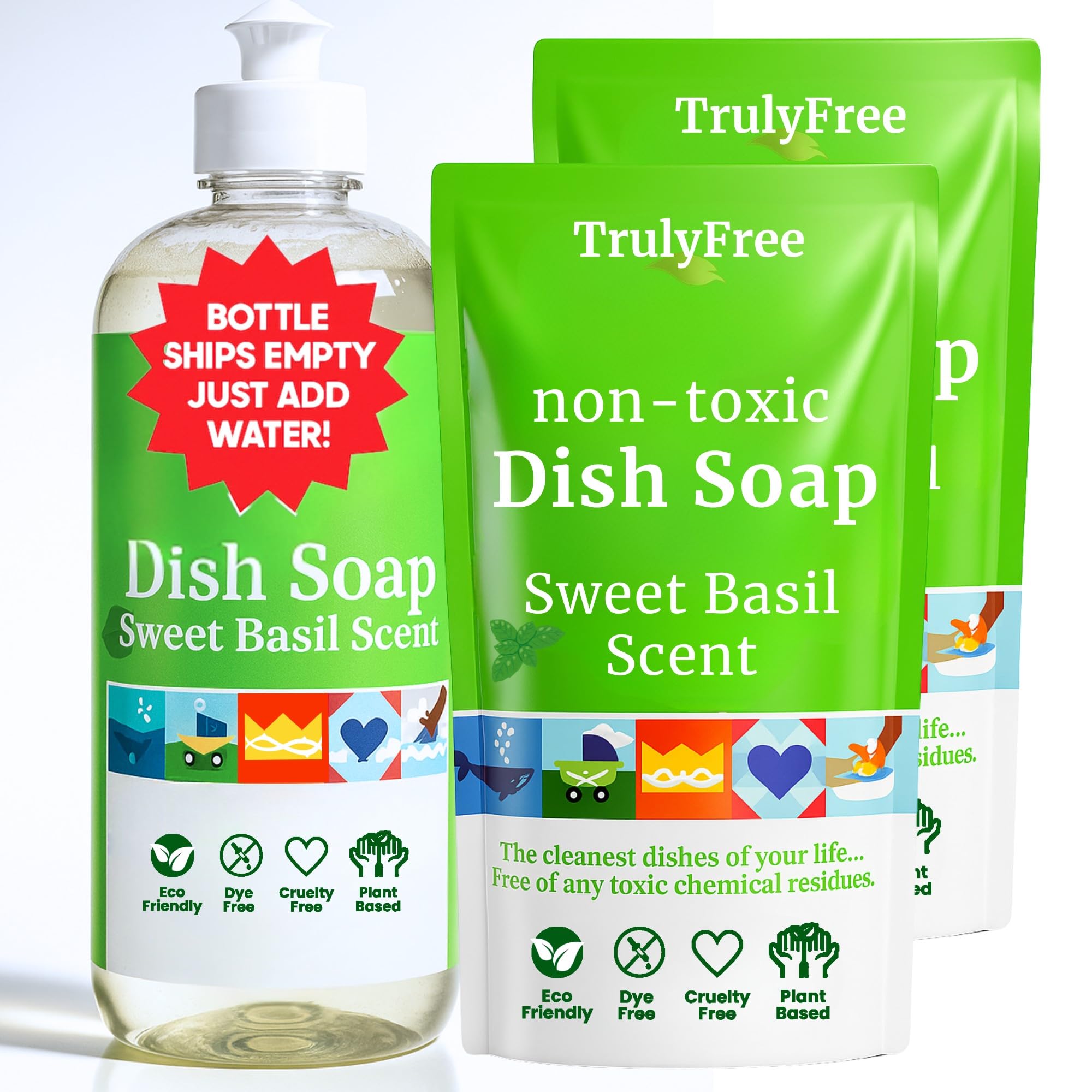 Truly Free front label showing sweet basil bottle and eco message for clear benefits