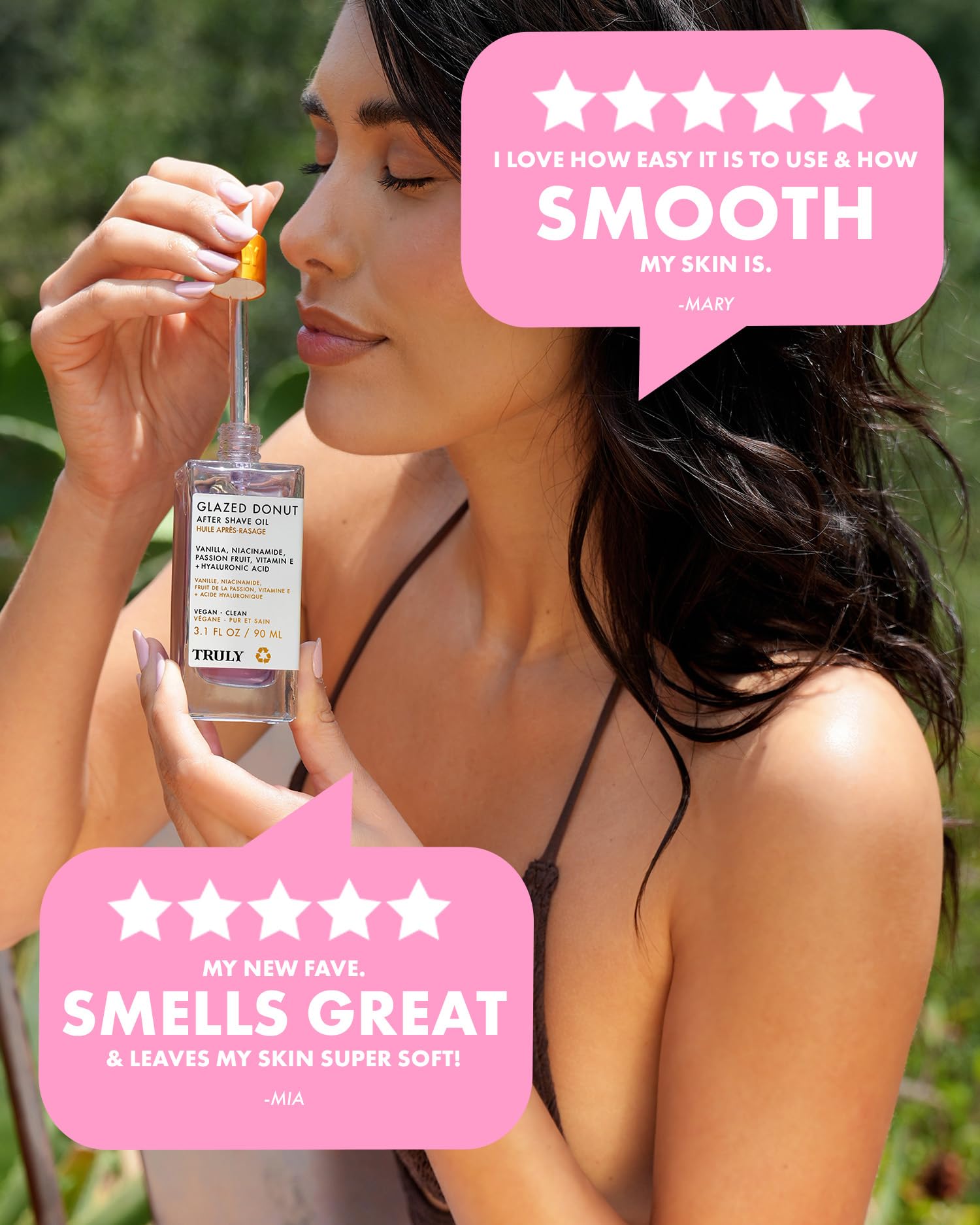 Truly ingredient label close-up emphasizing hyaluronic acid and niacinamide benefits