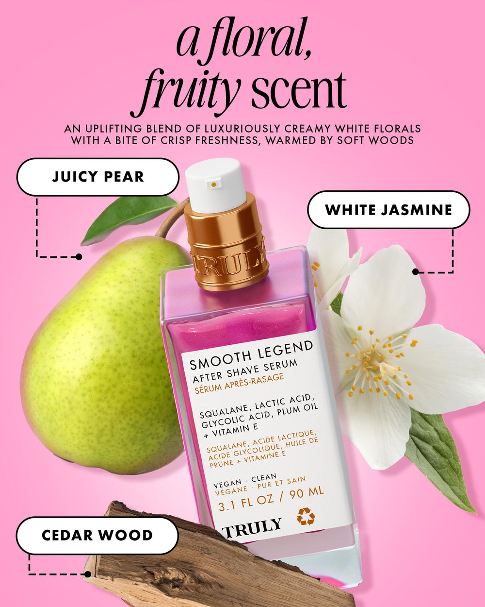 Truly product label with jasmine cedar pear notes for a luxe scent benefit