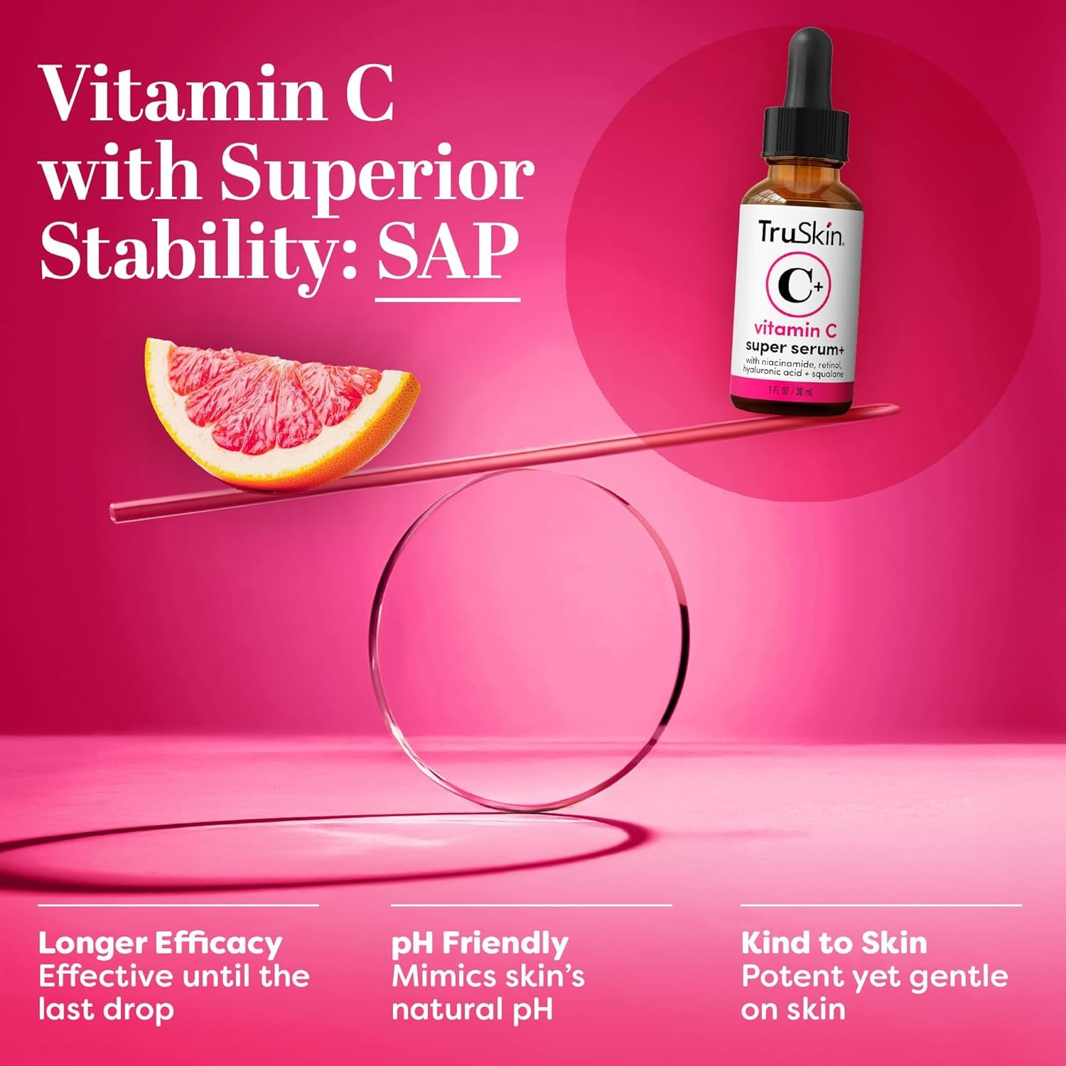 TruSkin bottle beside vitamin C and rosehip illustrating active ingredients