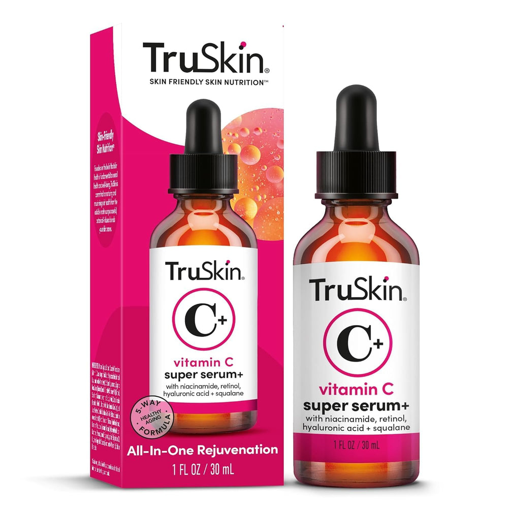 TruSkin serum placed on a bathroom shelf in a clean routine setting