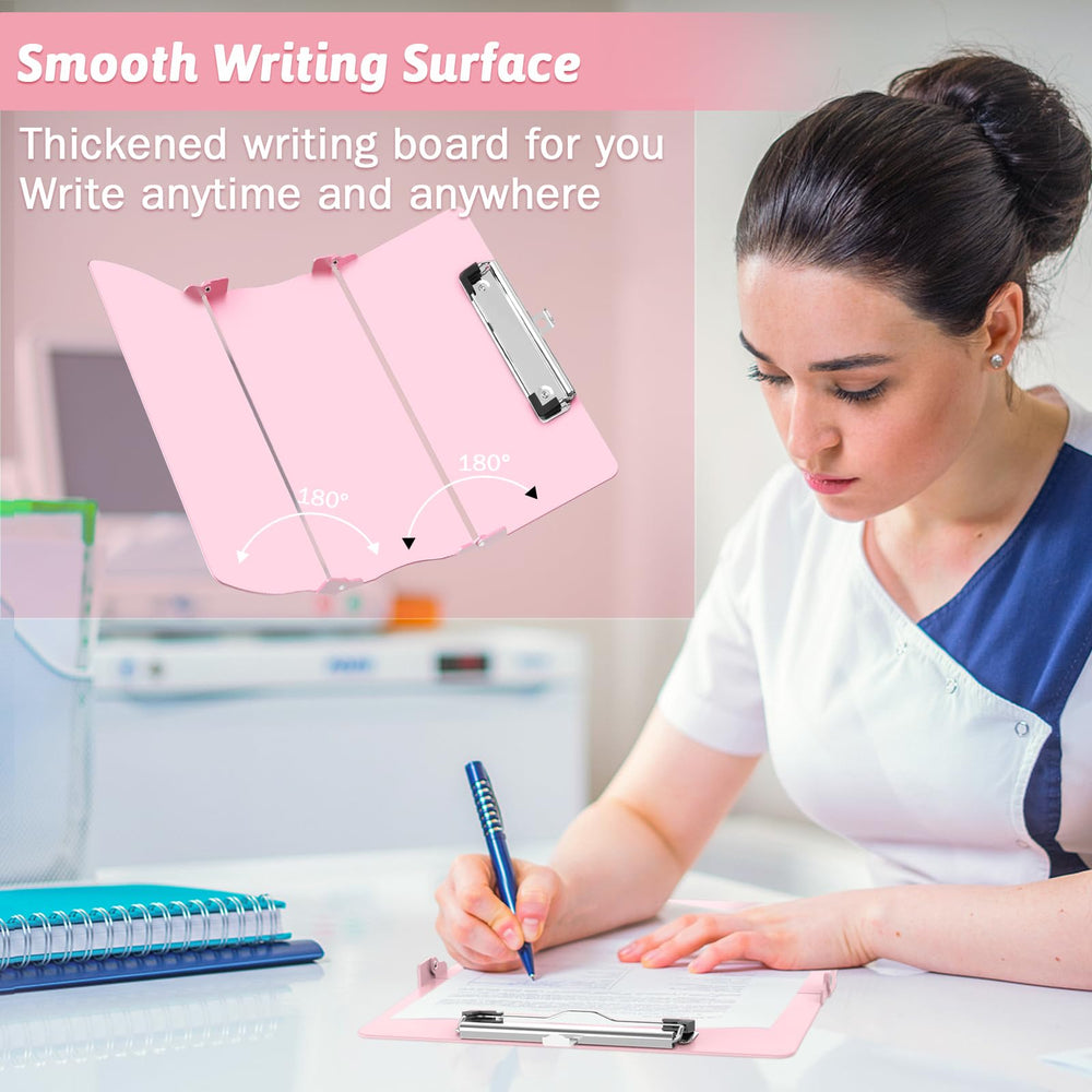 Trustnice clipboard writing surface in use offering a smooth stable board for standing notes