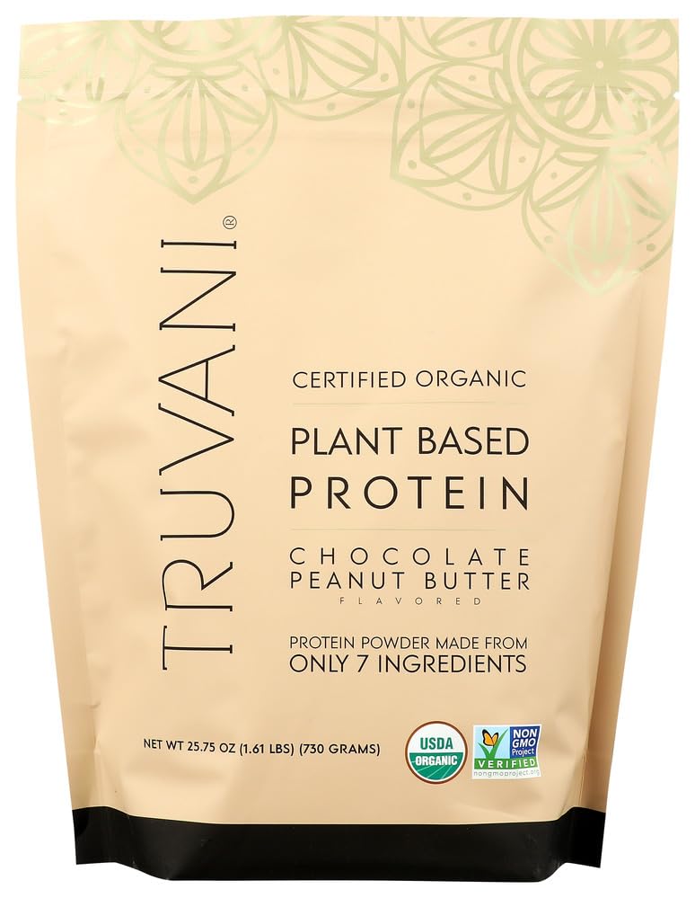 Truvani front packaging showing Chocolate Peanut Butter flavor and organic seal for trust