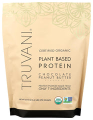Truvani front packaging showing Chocolate Peanut Butter flavor and organic seal for trust