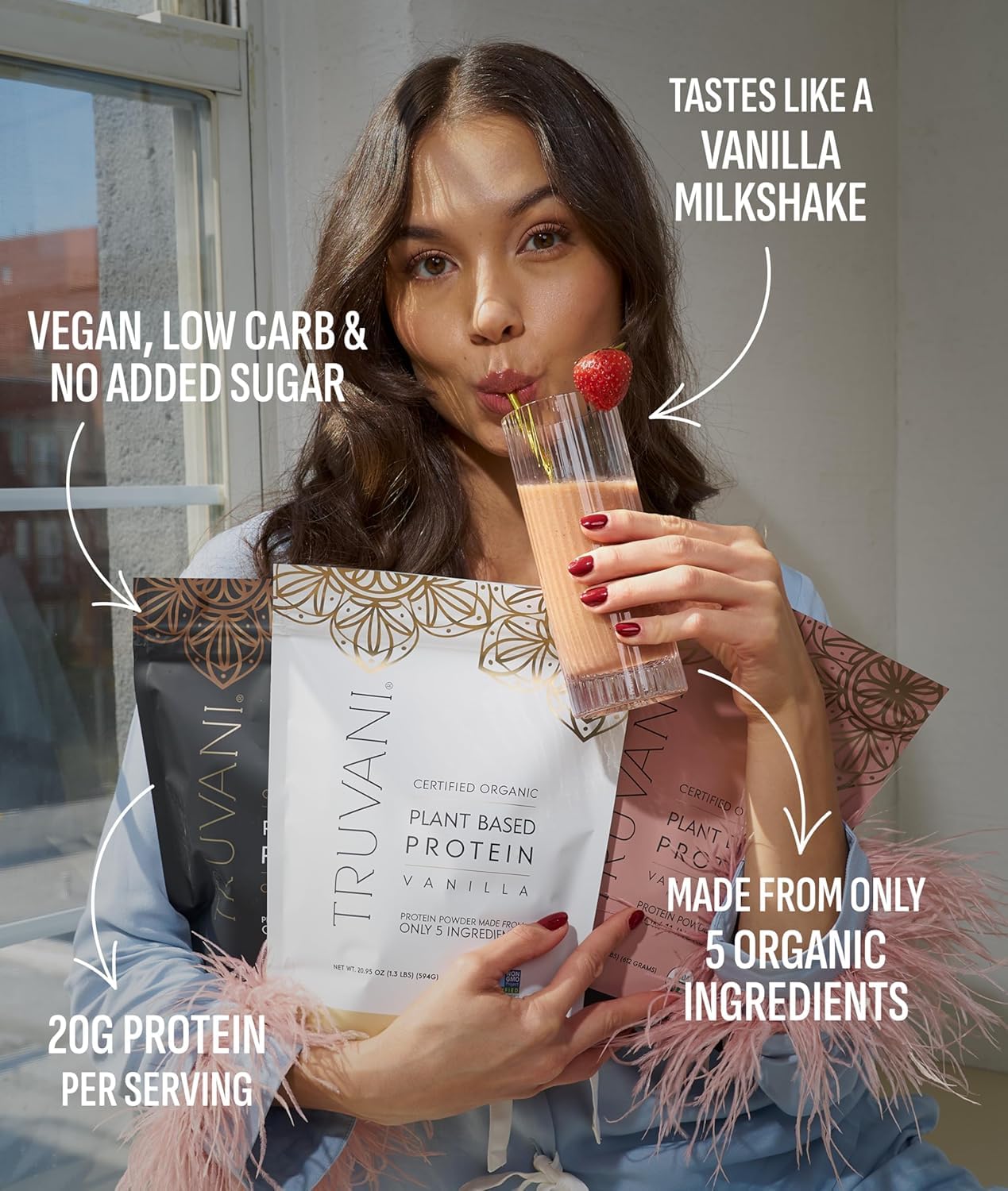 Truvani ingredients display of organic pea, pumpkin seed, chia for clean nutrition