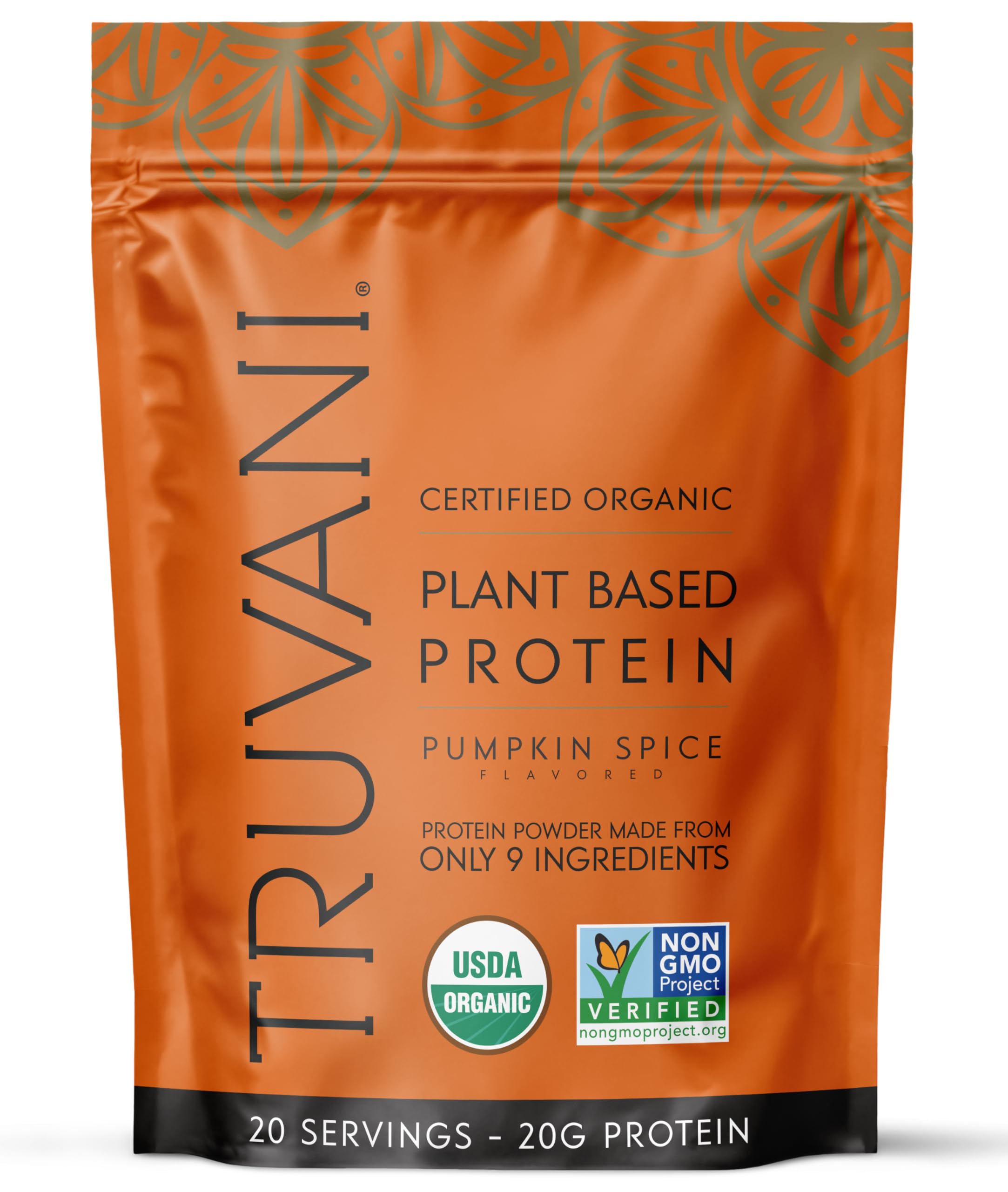 truvani front label showing pumpkin spice flavor and organic badge benefits