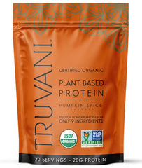 truvani front label showing pumpkin spice flavor and organic badge benefits