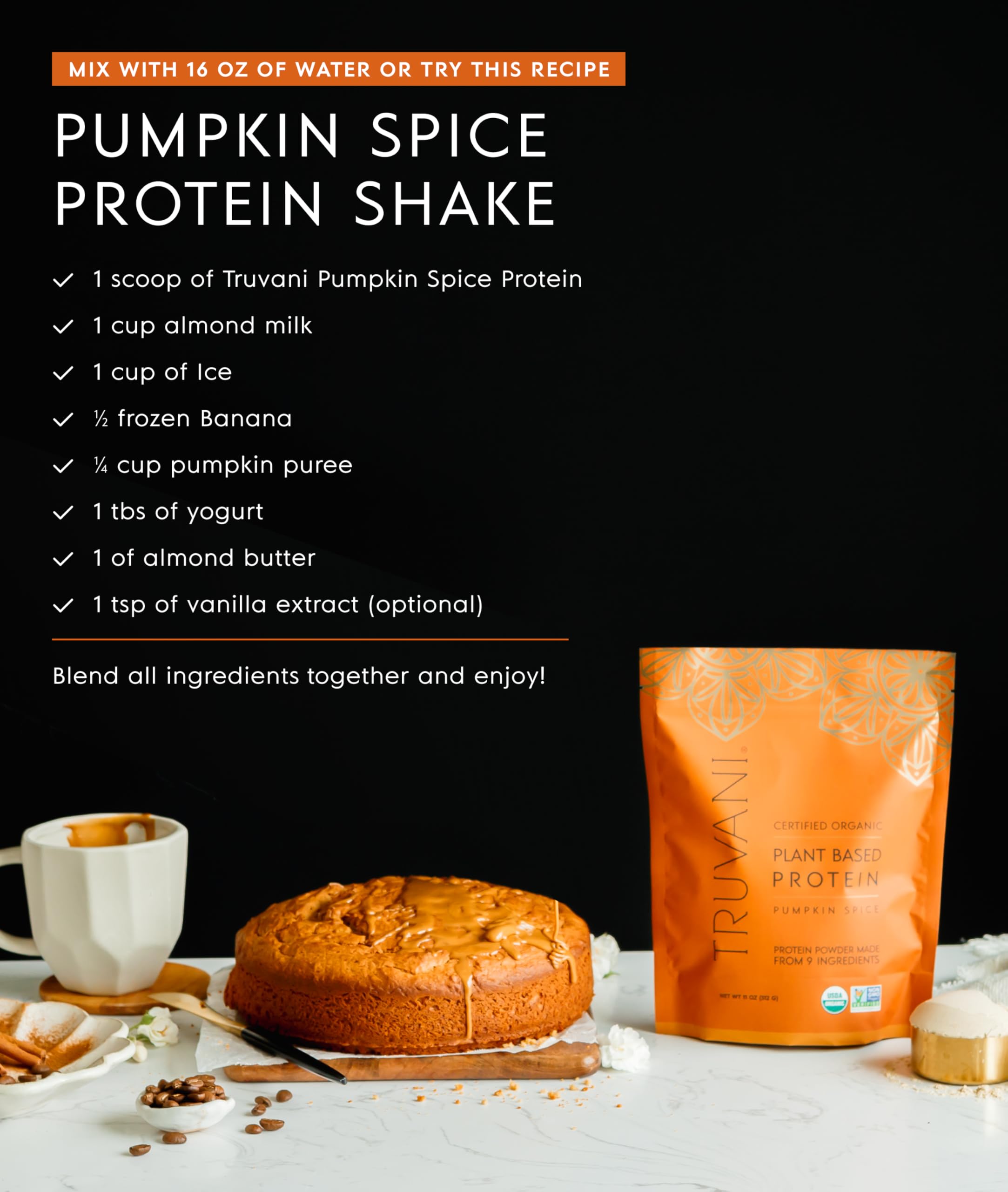 truvani mixed pumpkin spice shake in glass showing creamy, enjoyable sip