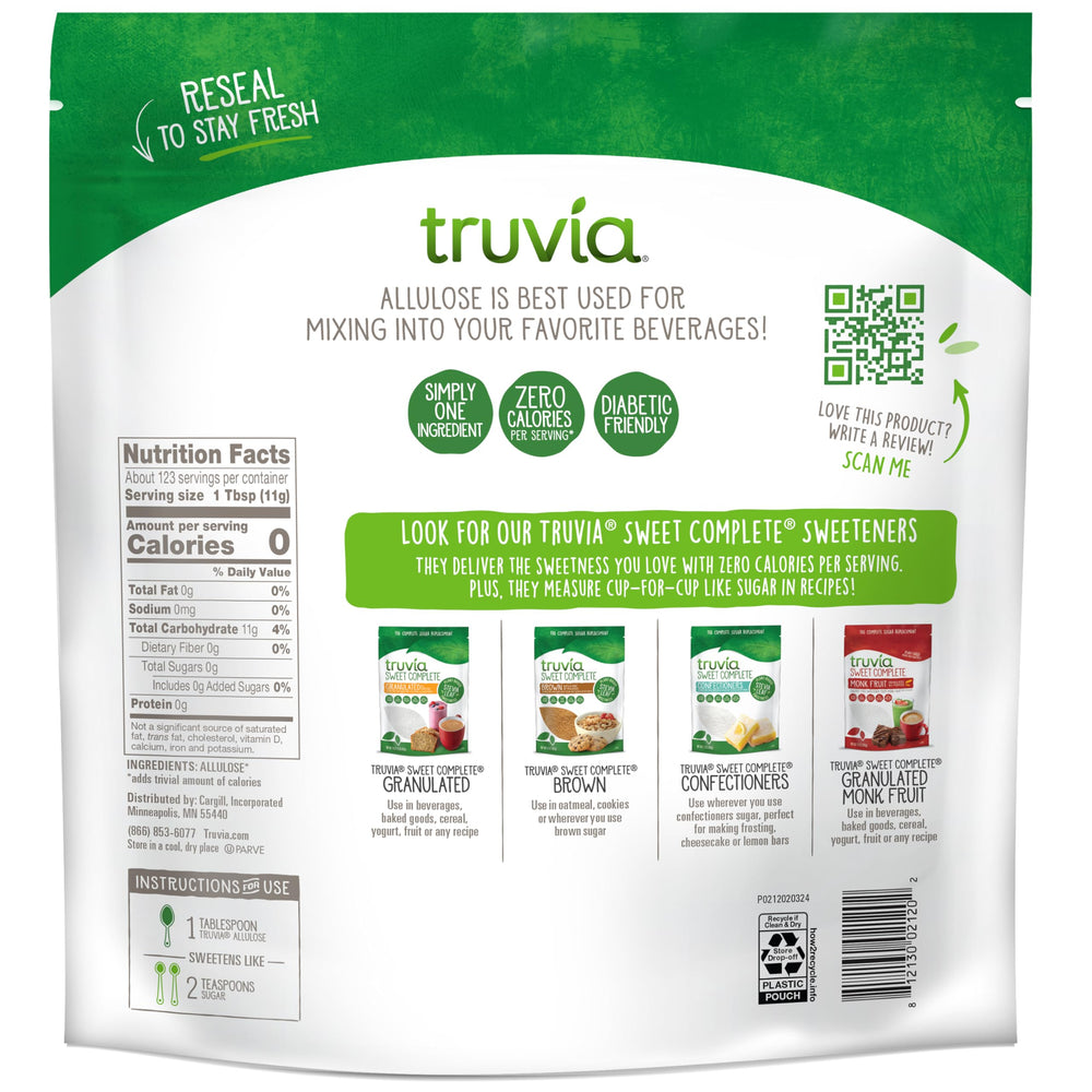 Truvia back label and nutrition facts showing ingredient list and usage guidance