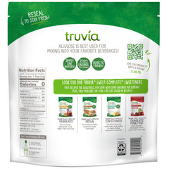 Truvia back label and nutrition facts showing ingredient list and usage guidance