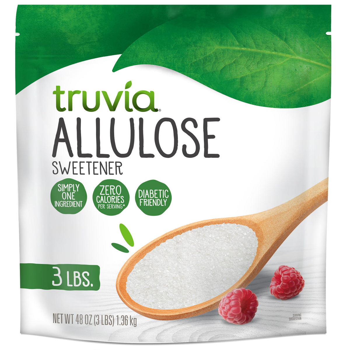 Truvia front packaging showing 3 lb bag and product name, clear bulk supply benefit