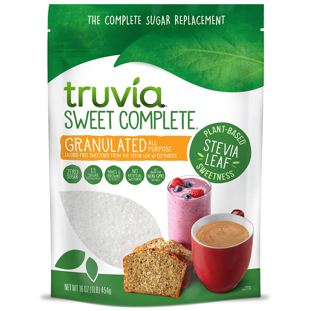 Truvia front packaging showing 16 oz bag and clear label for easy baking use