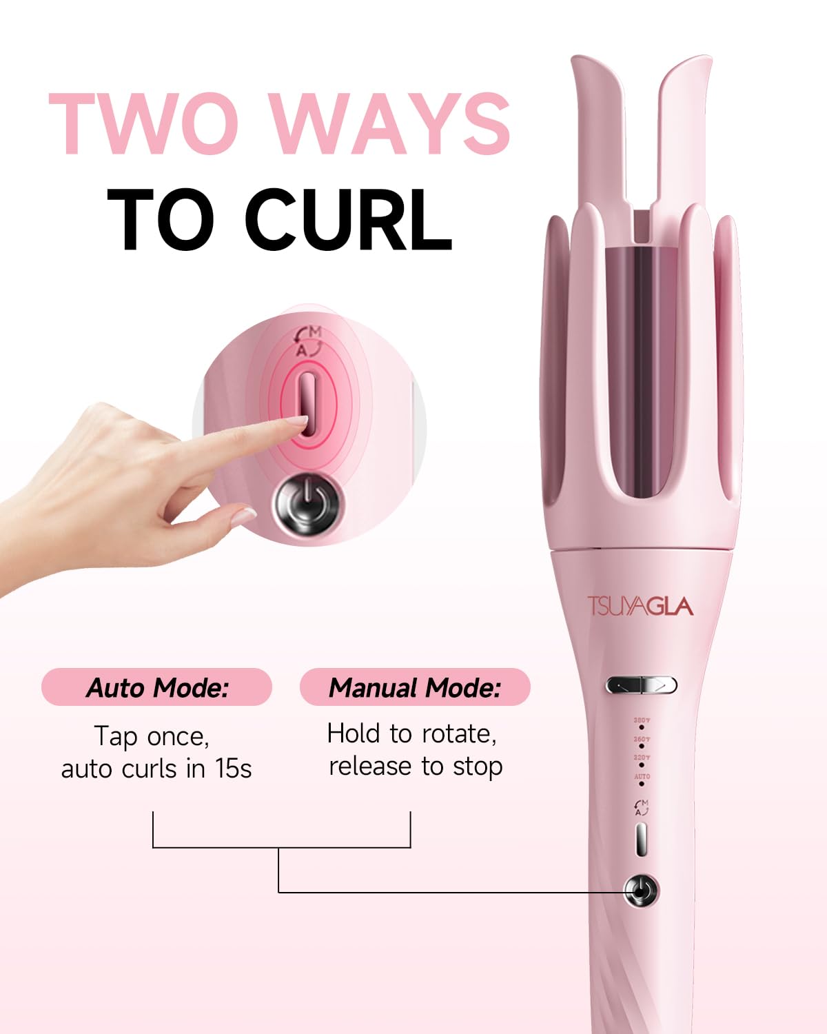 TSUYAGLA curl chamber detail showing auto-wrapping action for no-twist styling benefit