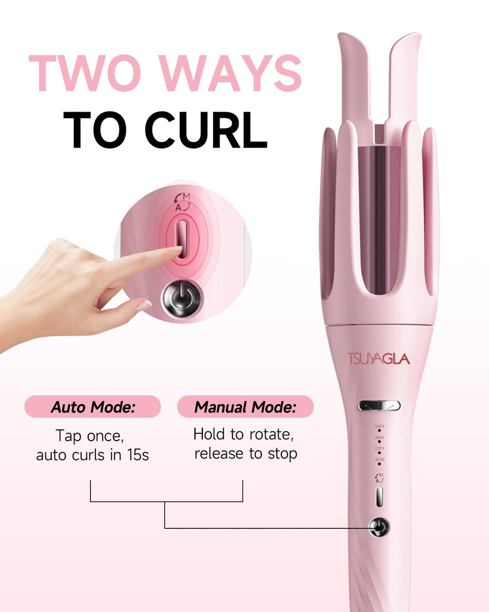 TSUYAGLA curl chamber detail showing auto-wrapping action for no-twist styling benefit