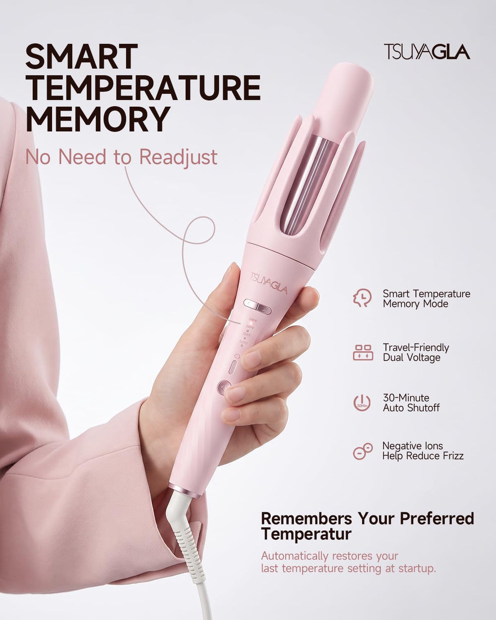 TSUYAGLA curling iron in use on long hair creating defined curls quickly benefit