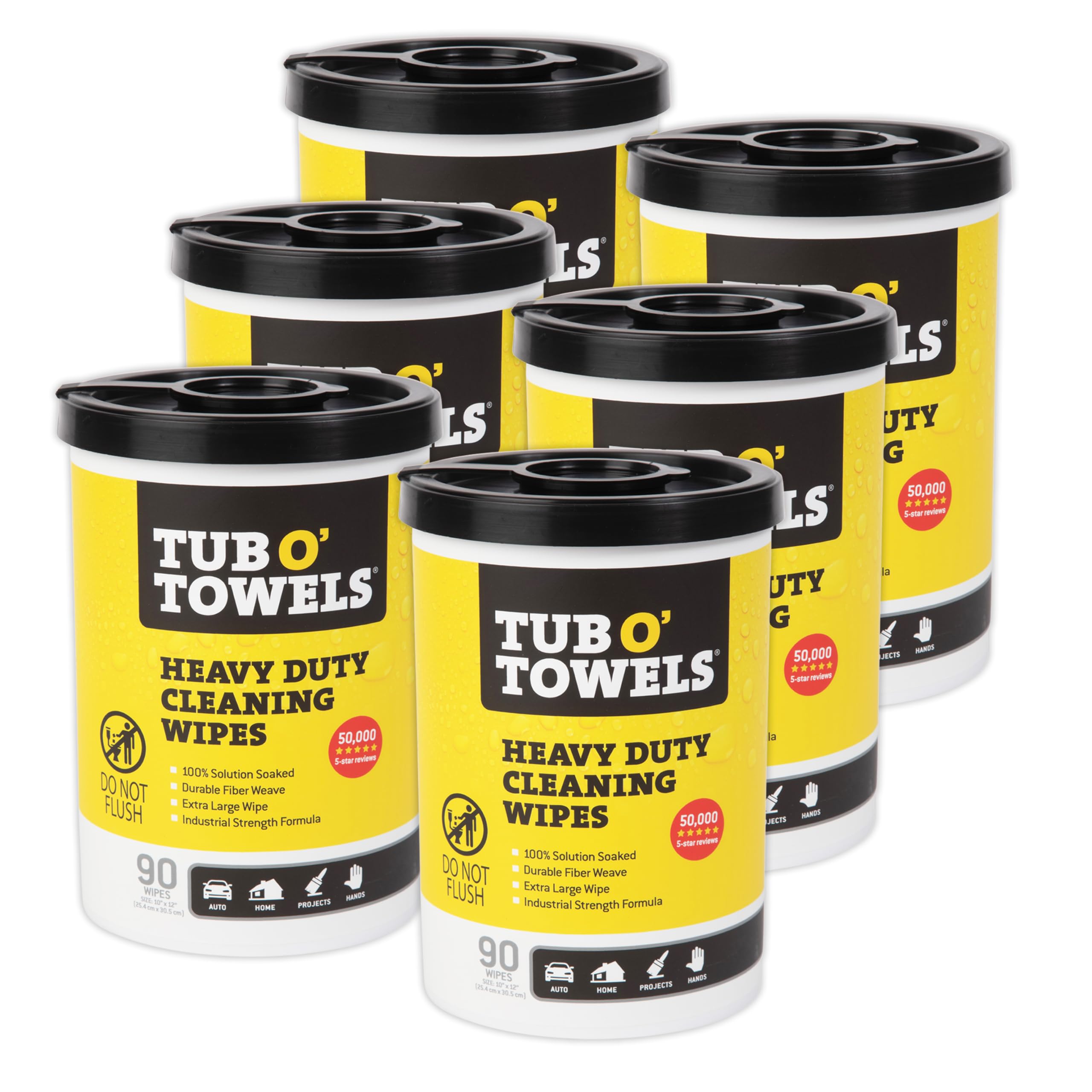 Tub O' Towels front canister showing label and 90-count capacity for quick grabs