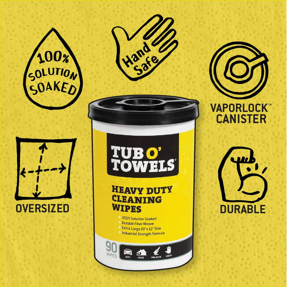 Hand holding a Tub O' Towels wipe demonstrating large 10 by 12 inch coverage benefit