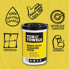 Hand holding a Tub O' Towels wipe demonstrating large 10 by 12 inch coverage benefit