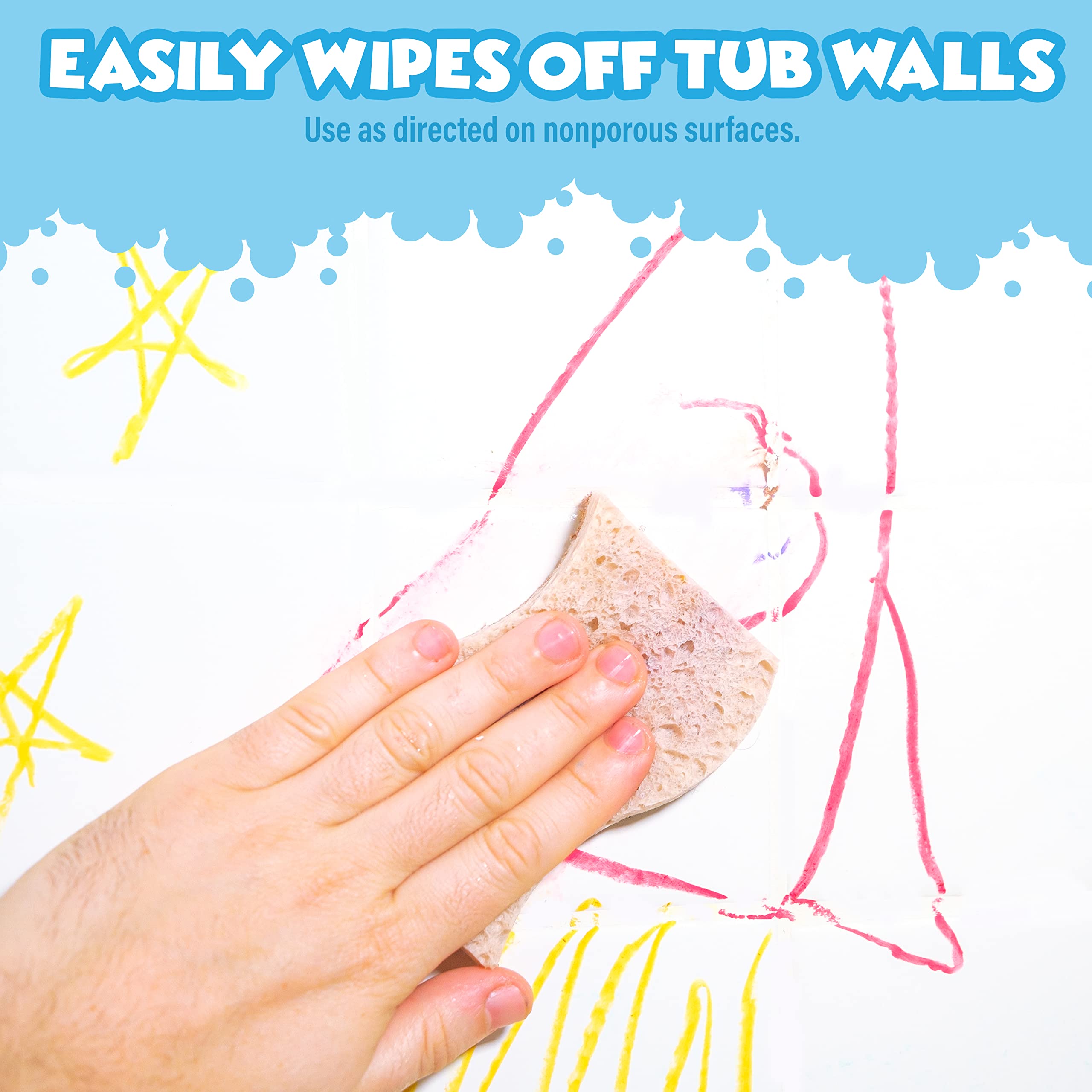 Child using Tub Works bath crayon to draw on bathtub wall boosting creative bath time
