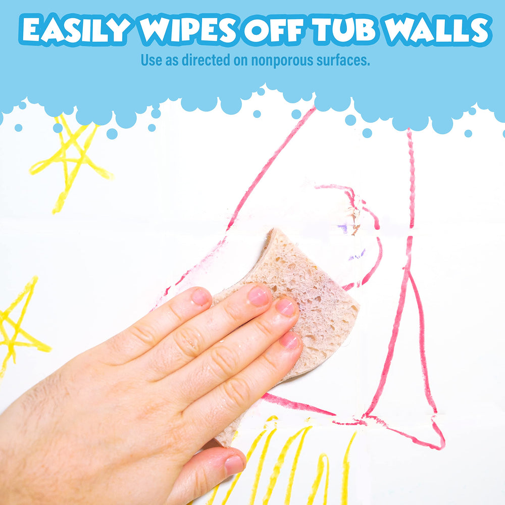 Child using Tub Works bath crayon to draw on bathtub wall boosting creative bath time